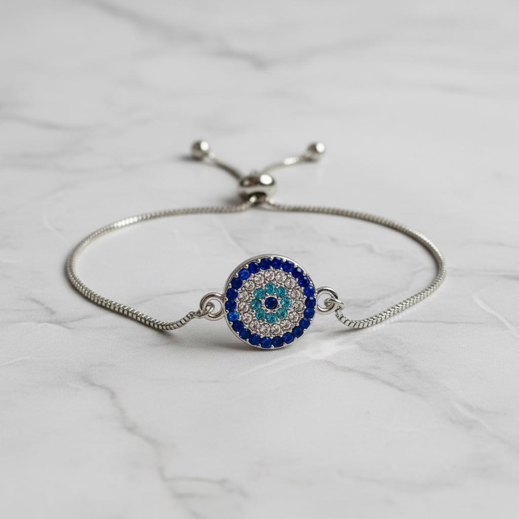 Evil Eye Adjustable Bracelet – Silver Slider Bracelet – Protection Jewelry