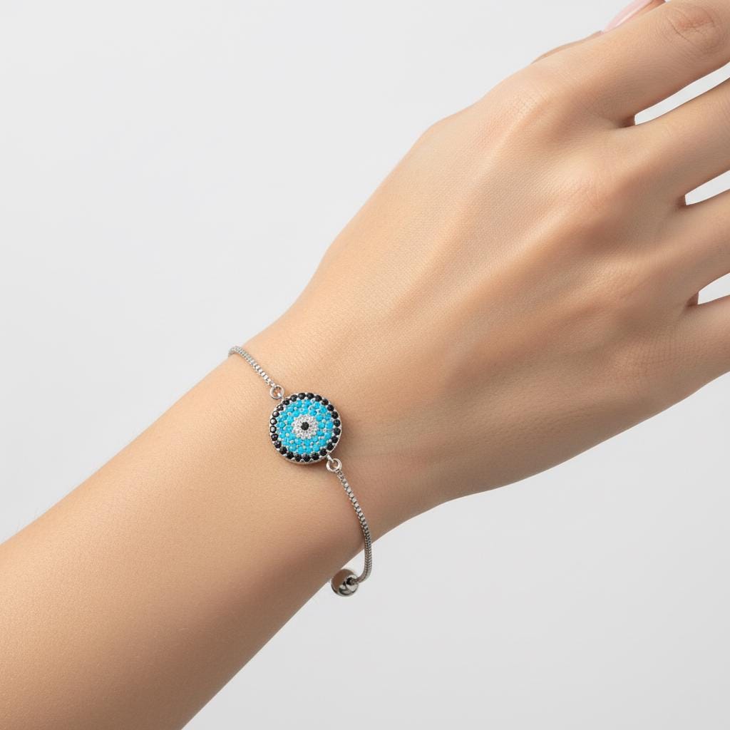 Evil Eye Bracelet – Adjustable Silver Slider Bracelet – Protection Jewelry