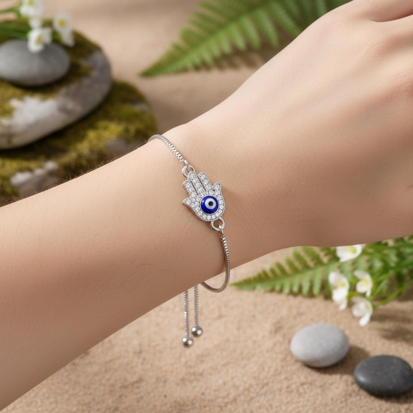 Hamsa Evil Eye Bracelet – Adjustable Silver Slider Bracelet – Protection Jewelry