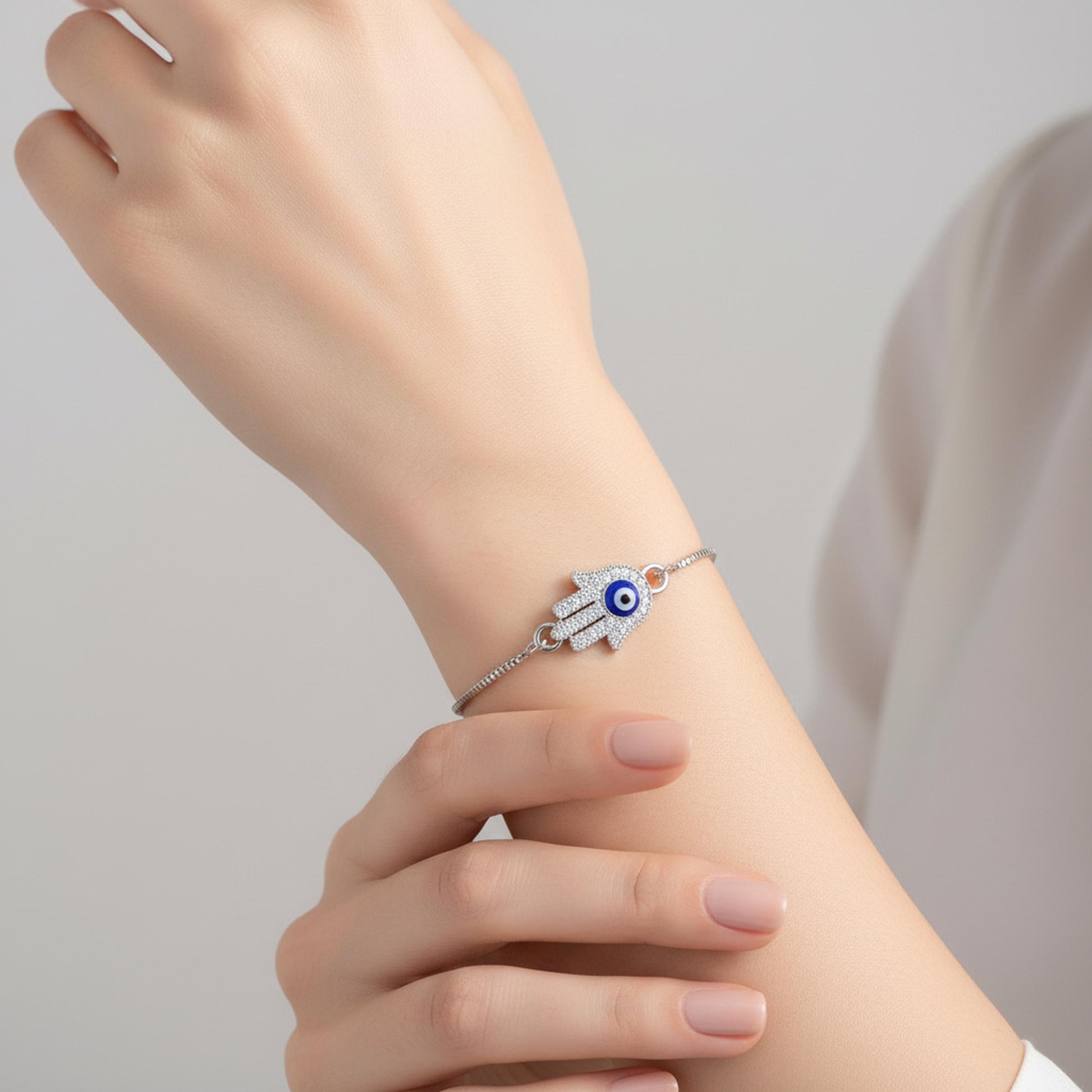 Hamsa Evil Eye Bracelet – Adjustable Silver Slider Bracelet – Protection Jewelry