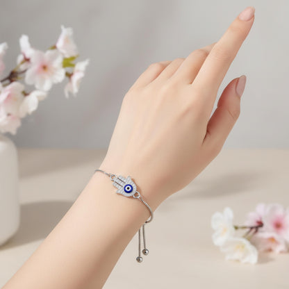 Hamsa Evil Eye Bracelet – Adjustable Silver Slider Bracelet – Protection Jewelry