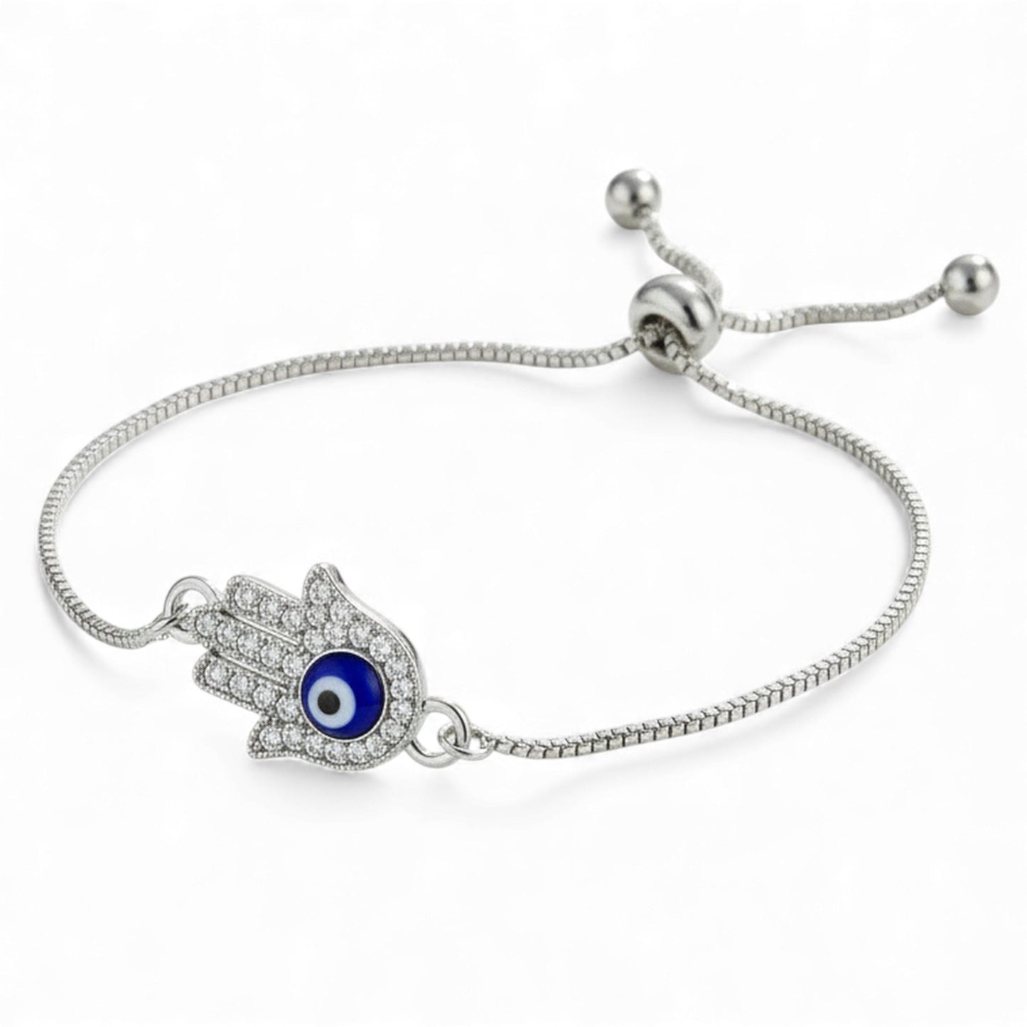 Hamsa Evil Eye Bracelet – Adjustable Silver Slider Bracelet – Protection Jewelry