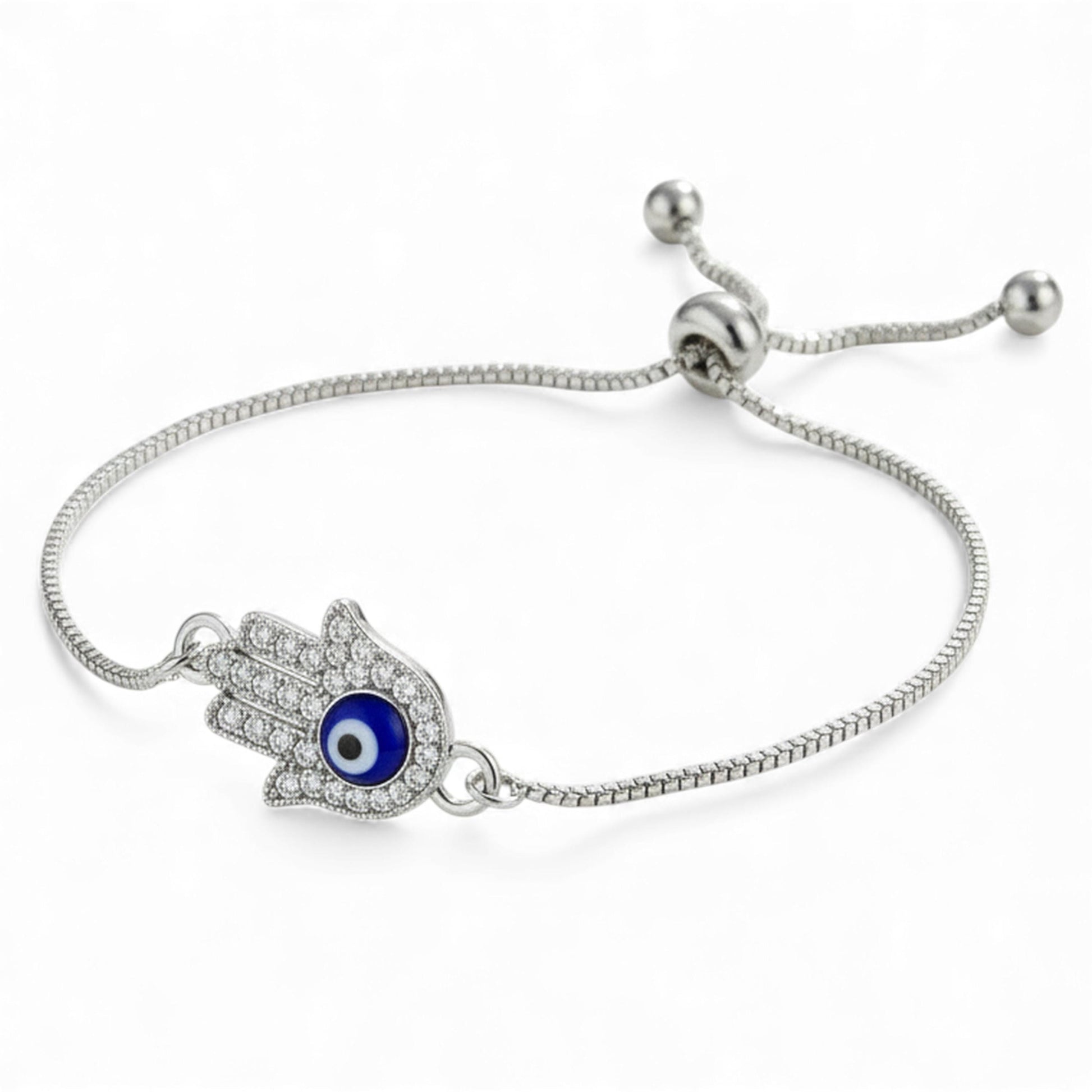 Hamsa Evil Eye Bracelet – Adjustable Silver Slider Bracelet – Protection Jewelry