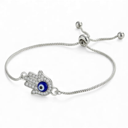 Hamsa Evil Eye Bracelet – Adjustable Silver Slider Bracelet – Protection Jewelry
