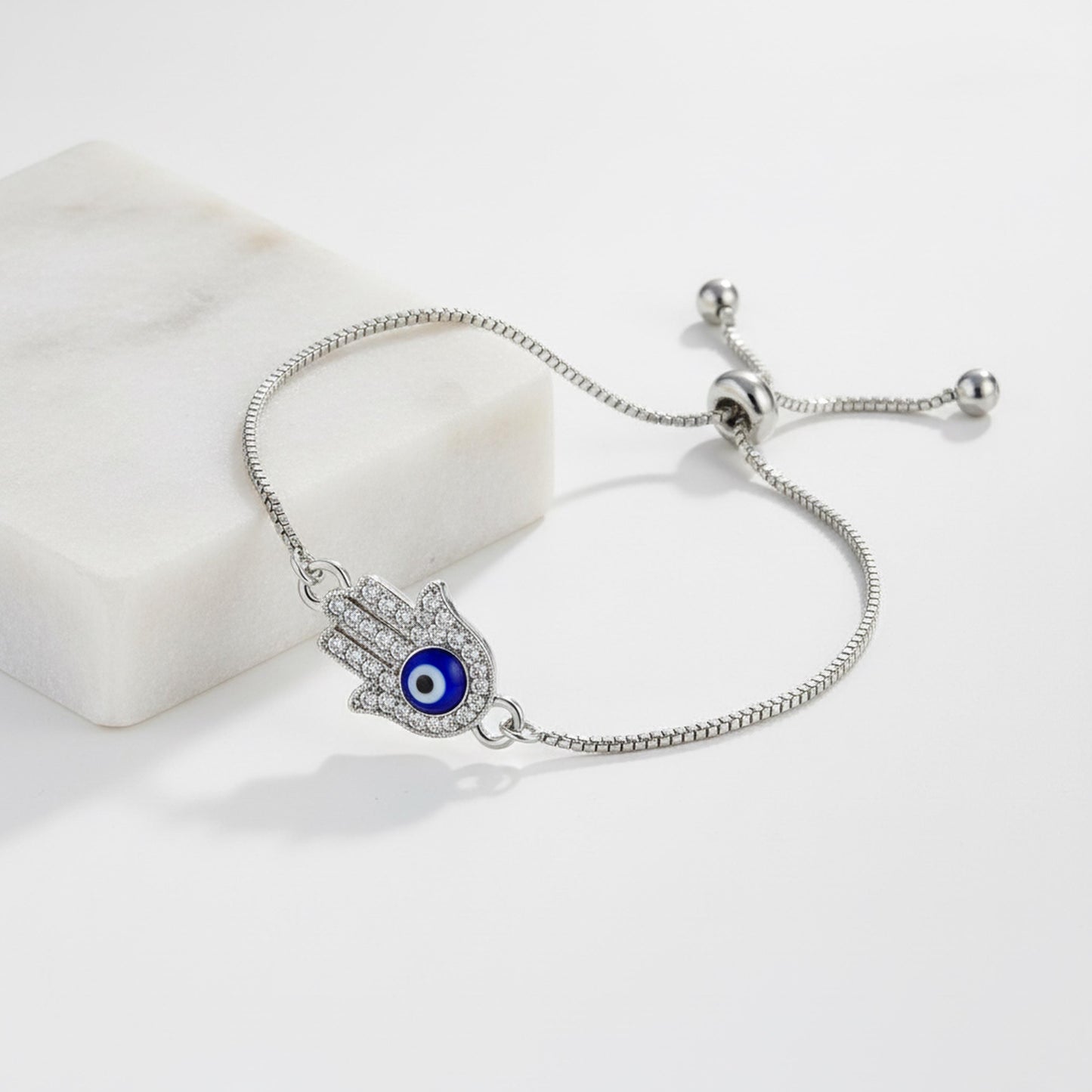 Hamsa Evil Eye Bracelet – Adjustable Silver Slider Bracelet – Protection Jewelry
