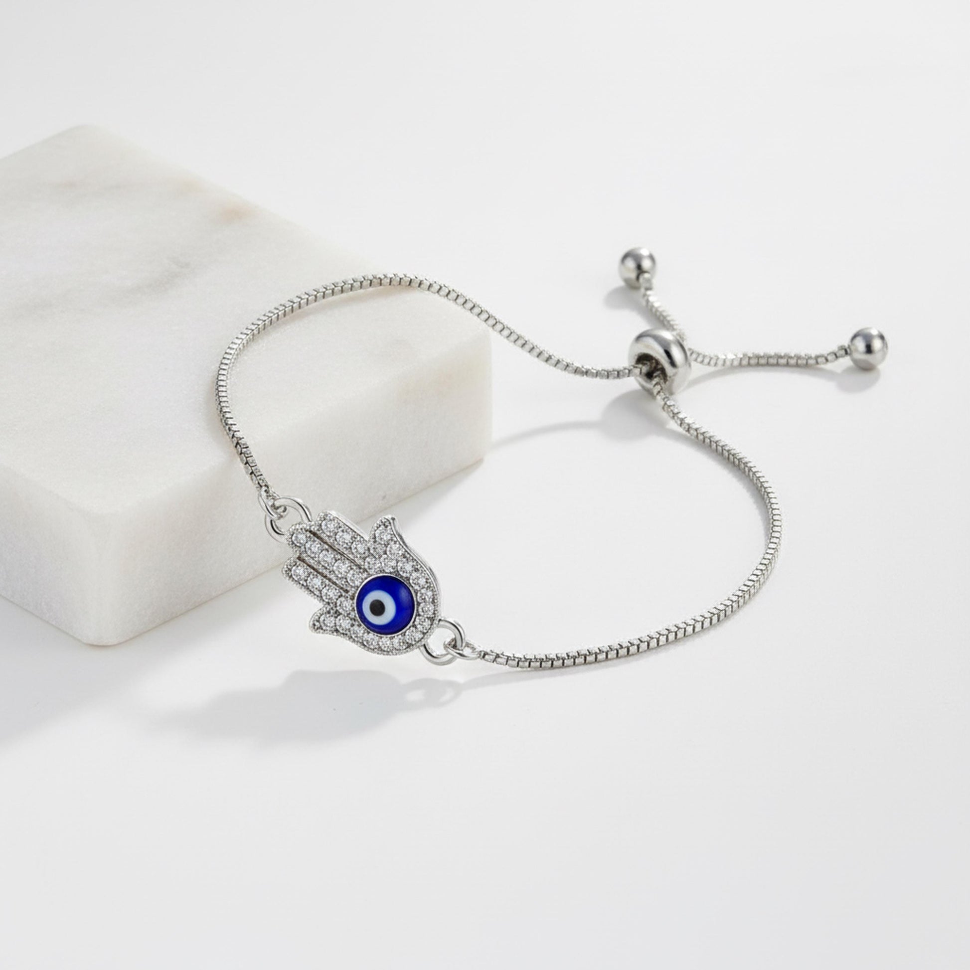 Hamsa Evil Eye Bracelet – Adjustable Silver Slider Bracelet – Protection Jewelry