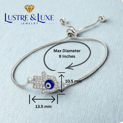 Hamsa Evil Eye Bracelet – Adjustable Silver Slider Bracelet – Protection Jewelry