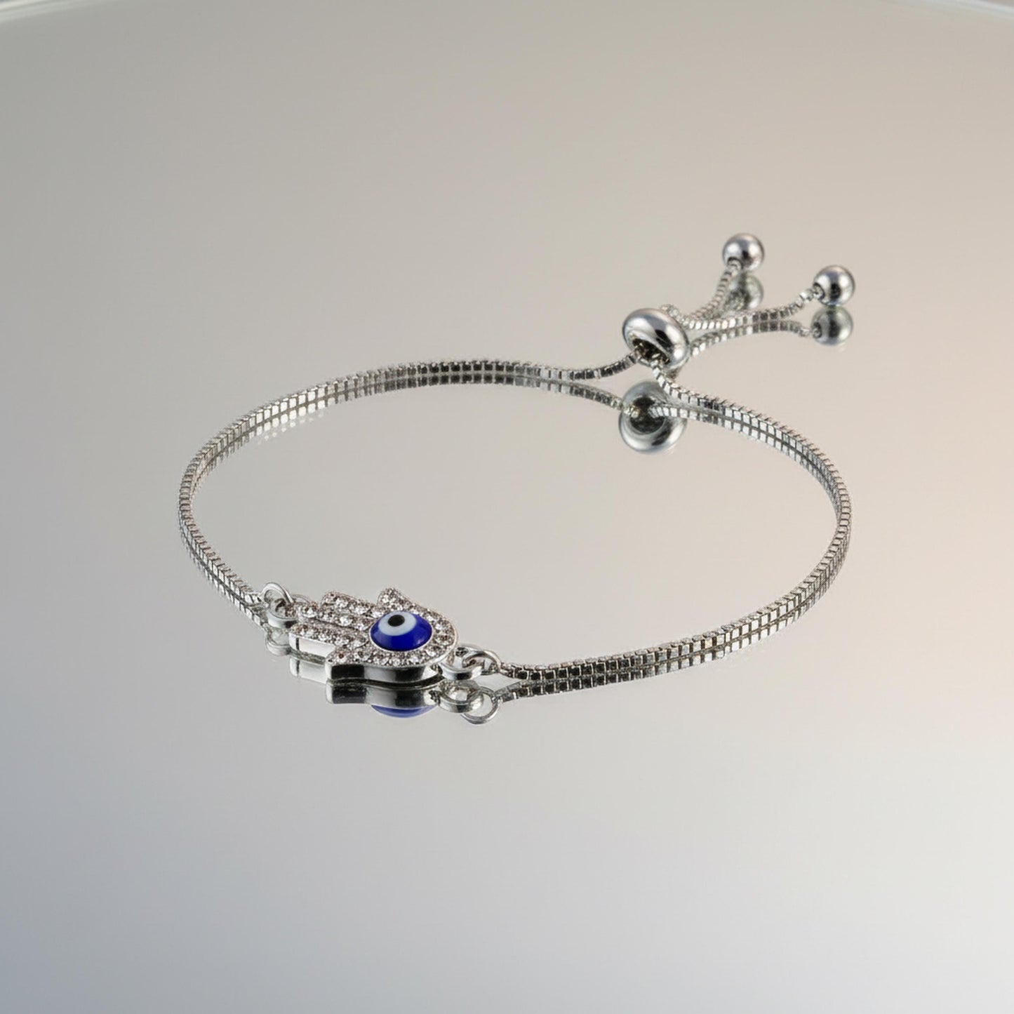 Hamsa Evil Eye Bracelet – Adjustable Silver Slider Bracelet – Protection Jewelry