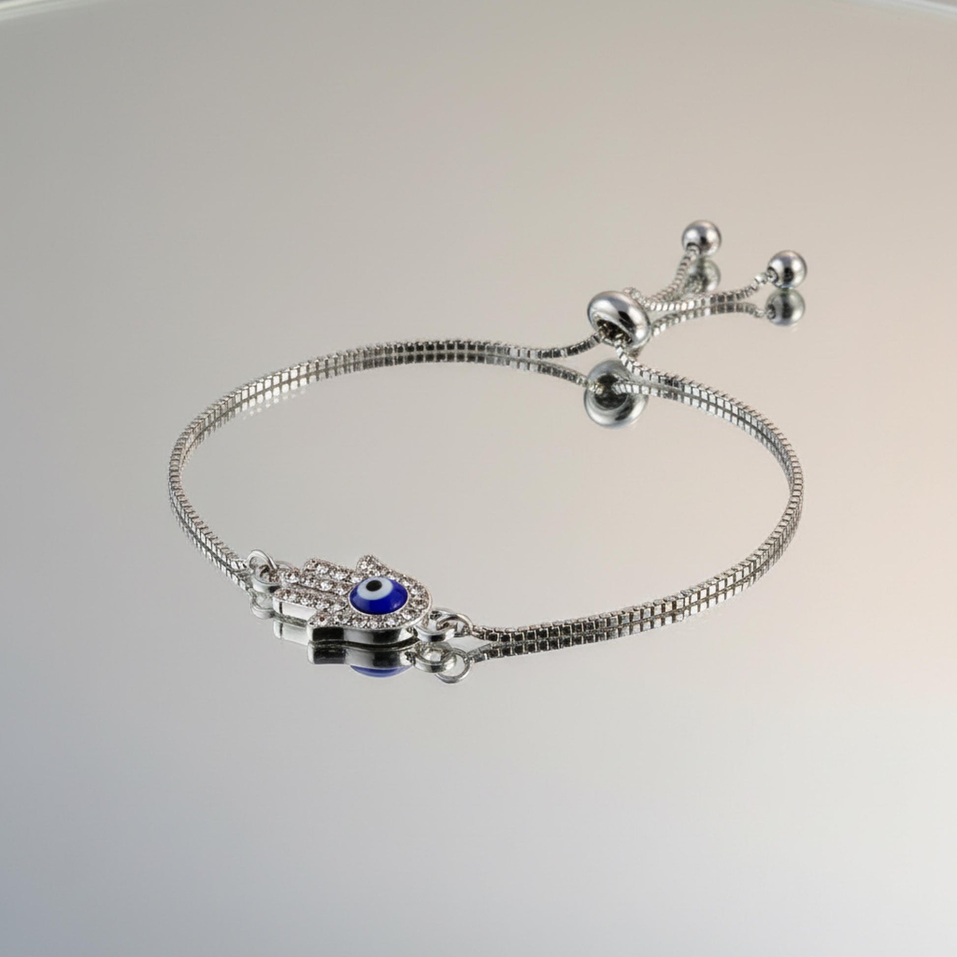 Hamsa Evil Eye Bracelet – Adjustable Silver Slider Bracelet – Protection Jewelry