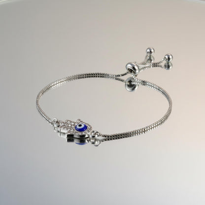 Hamsa Evil Eye Bracelet – Adjustable Silver Slider Bracelet – Protection Jewelry