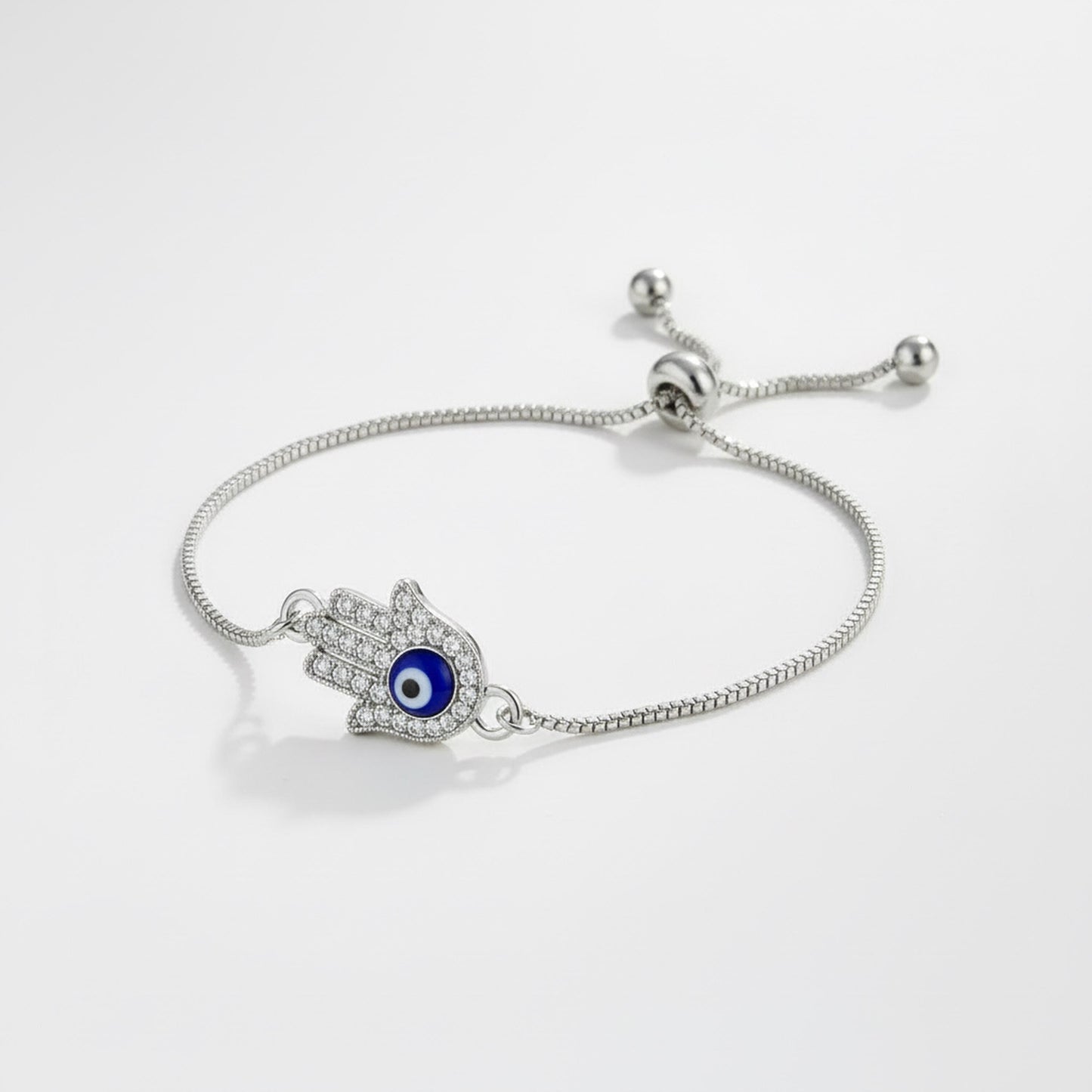 Hamsa Evil Eye Bracelet – Adjustable Silver Slider Bracelet – Protection Jewelry