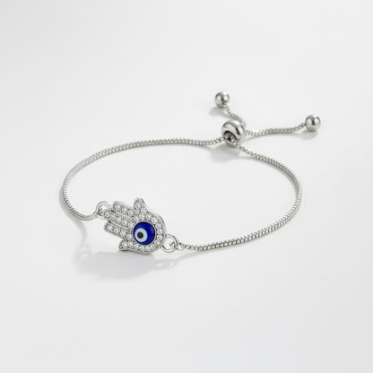 Hamsa Evil Eye Bracelet – Adjustable Silver Slider Bracelet – Protection Jewelry