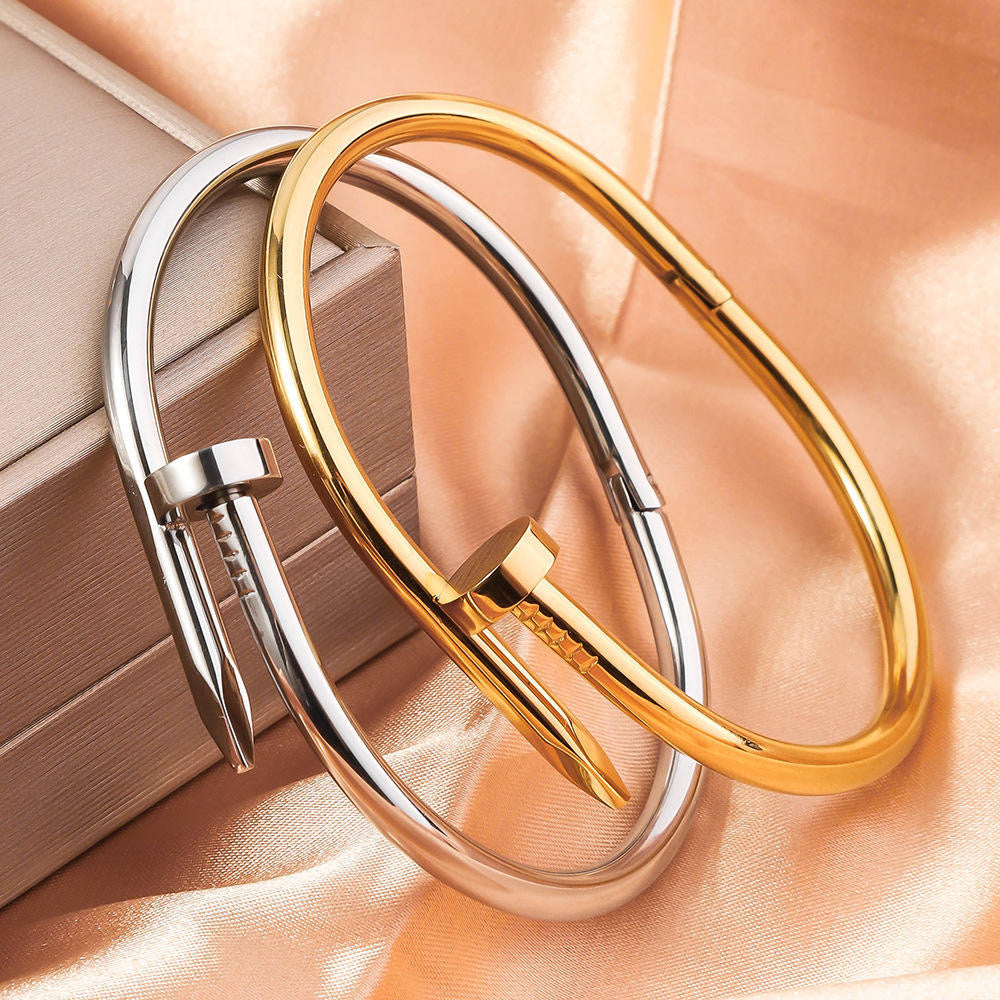 Nail Bangle Bracelet – 18K White Gold Plated, 316L Stainless Steel, Modern Minimalist Jewelry for Women