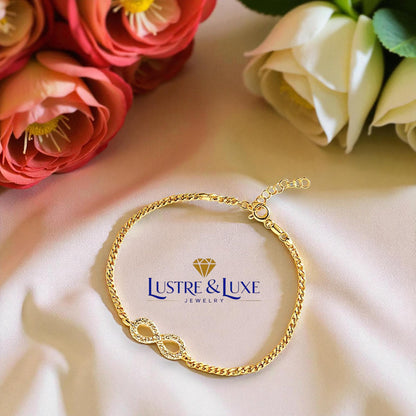 Infinity Bracelet 925 Sterling Silver – 18K Gold Vermeil Curb Chain – Forever Love Bracelet