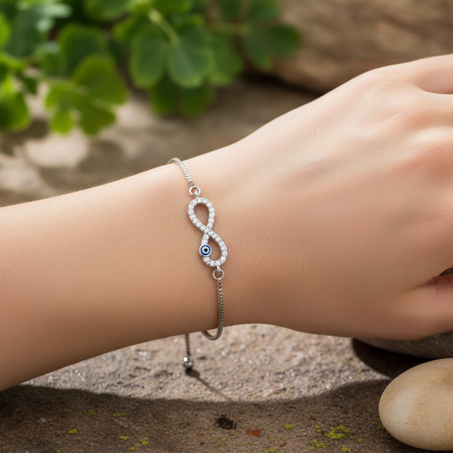 Infinity Evil Eye Bracelet – Adjustable Silver Slider Bracelet – Protection Jewelry