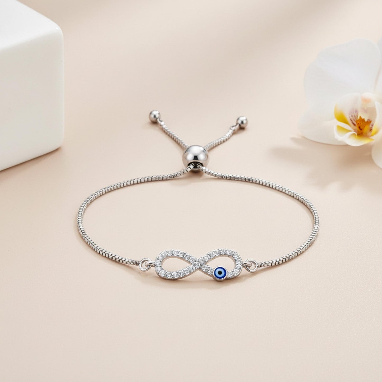 Infinity Evil Eye Bracelet – Adjustable Silver Slider Bracelet – Protection Jewelry