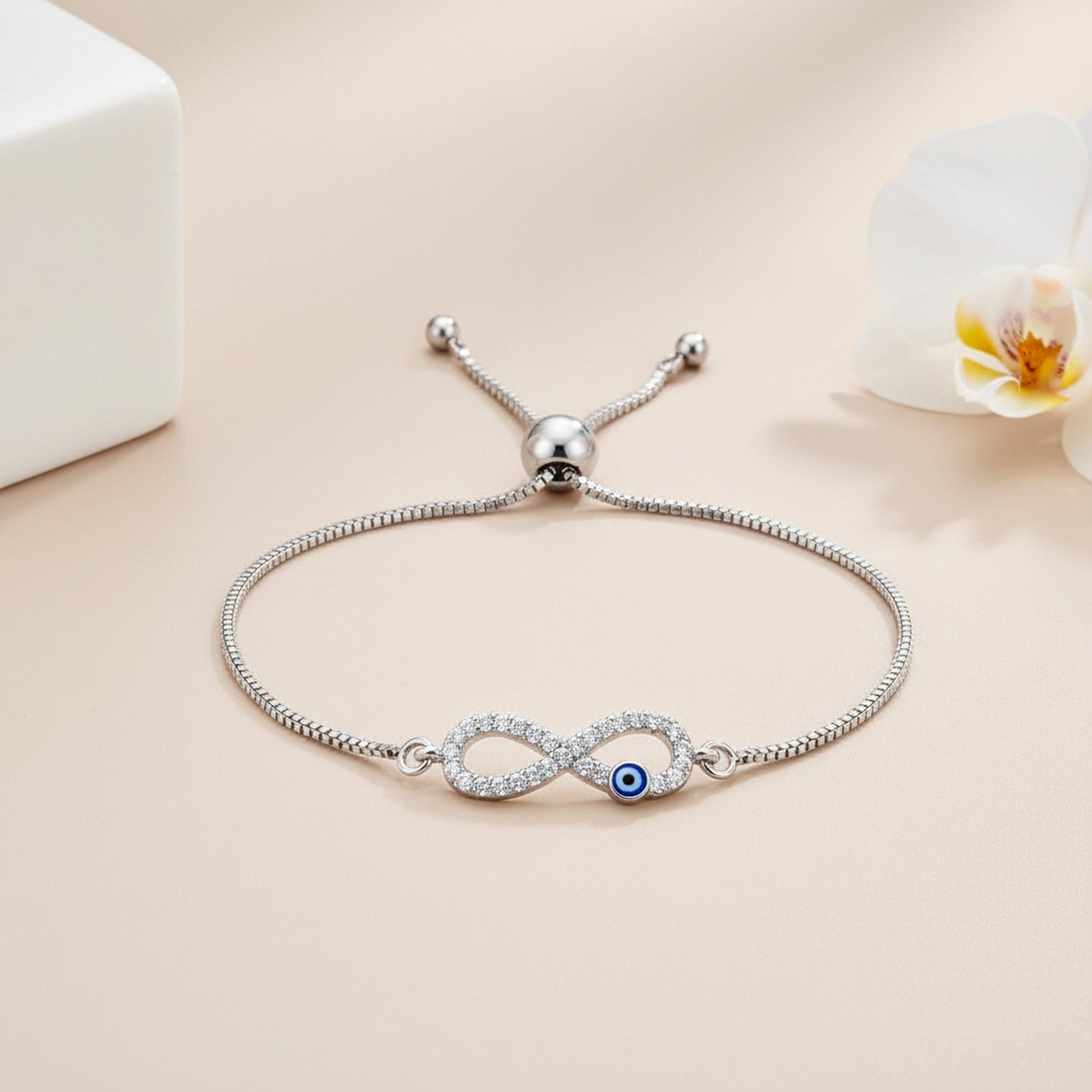 Infinity Evil Eye Bracelet – Adjustable Silver Slider Bracelet – Protection Jewelry