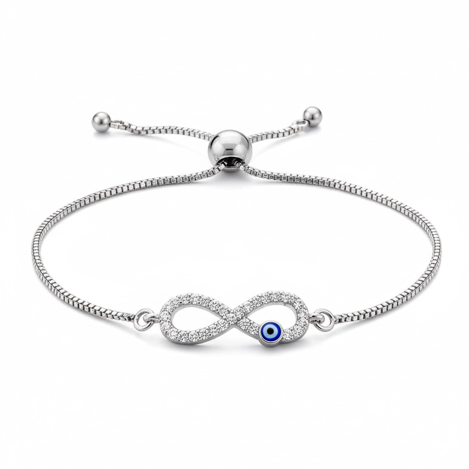 Infinity Evil Eye Bracelet – Adjustable Silver Slider Bracelet – Protection Jewelry
