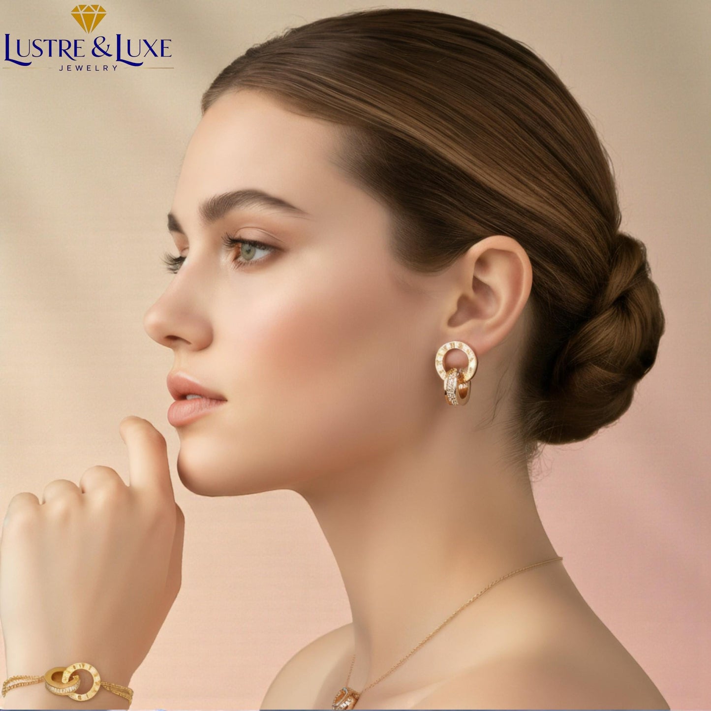 Interlocking Circle Jewelry Set • Stainless Steel Roman Numeral Necklace, Bracelet & Earrings