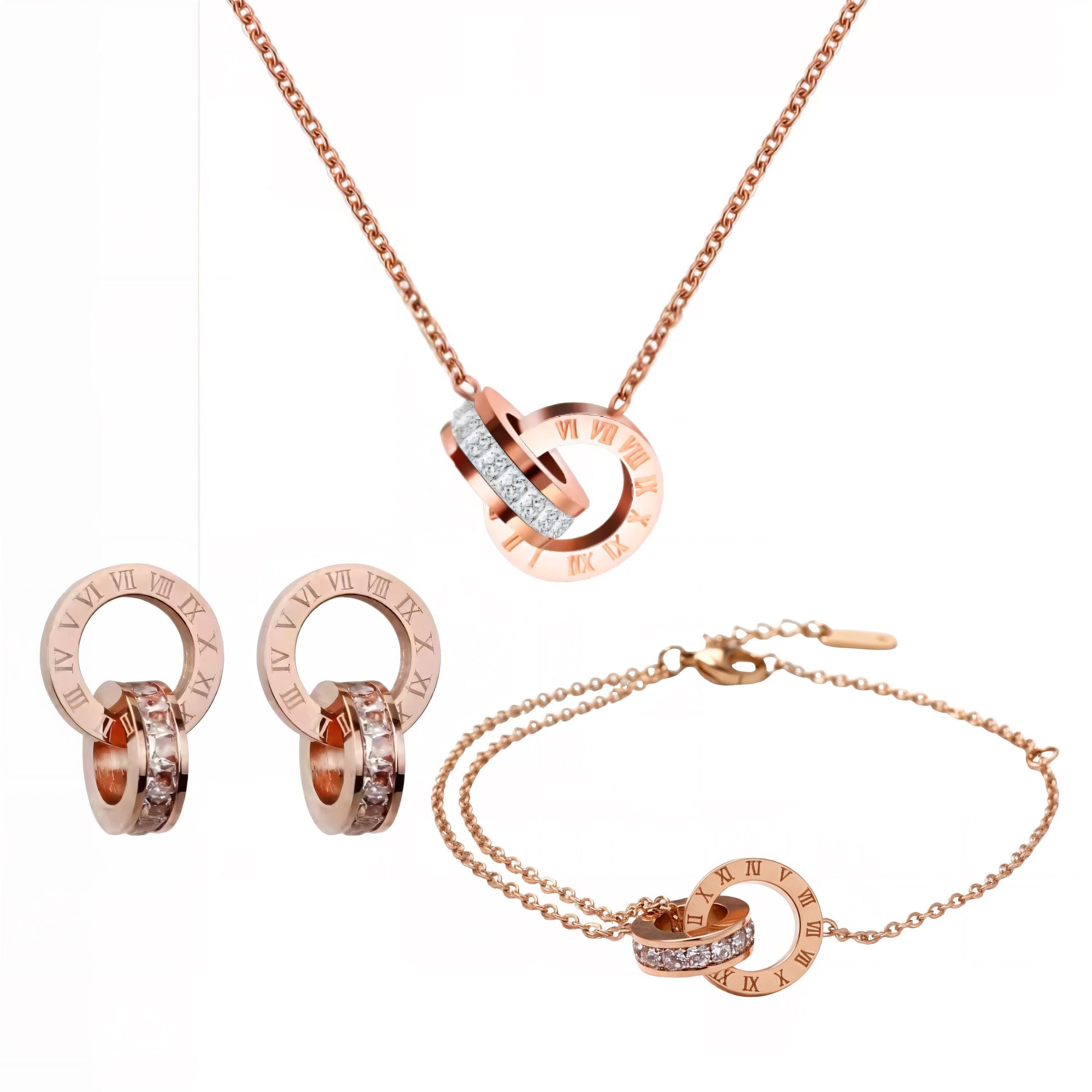Interlocking Circle Jewelry Set • Stainless Steel Roman Numeral Necklace, Bracelet & Earrings