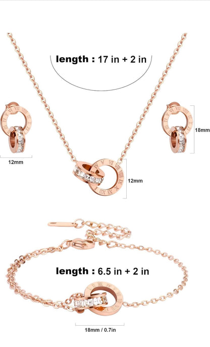 Interlocking Circle Jewelry Set • Stainless Steel Roman Numeral Necklace, Bracelet & Earrings
