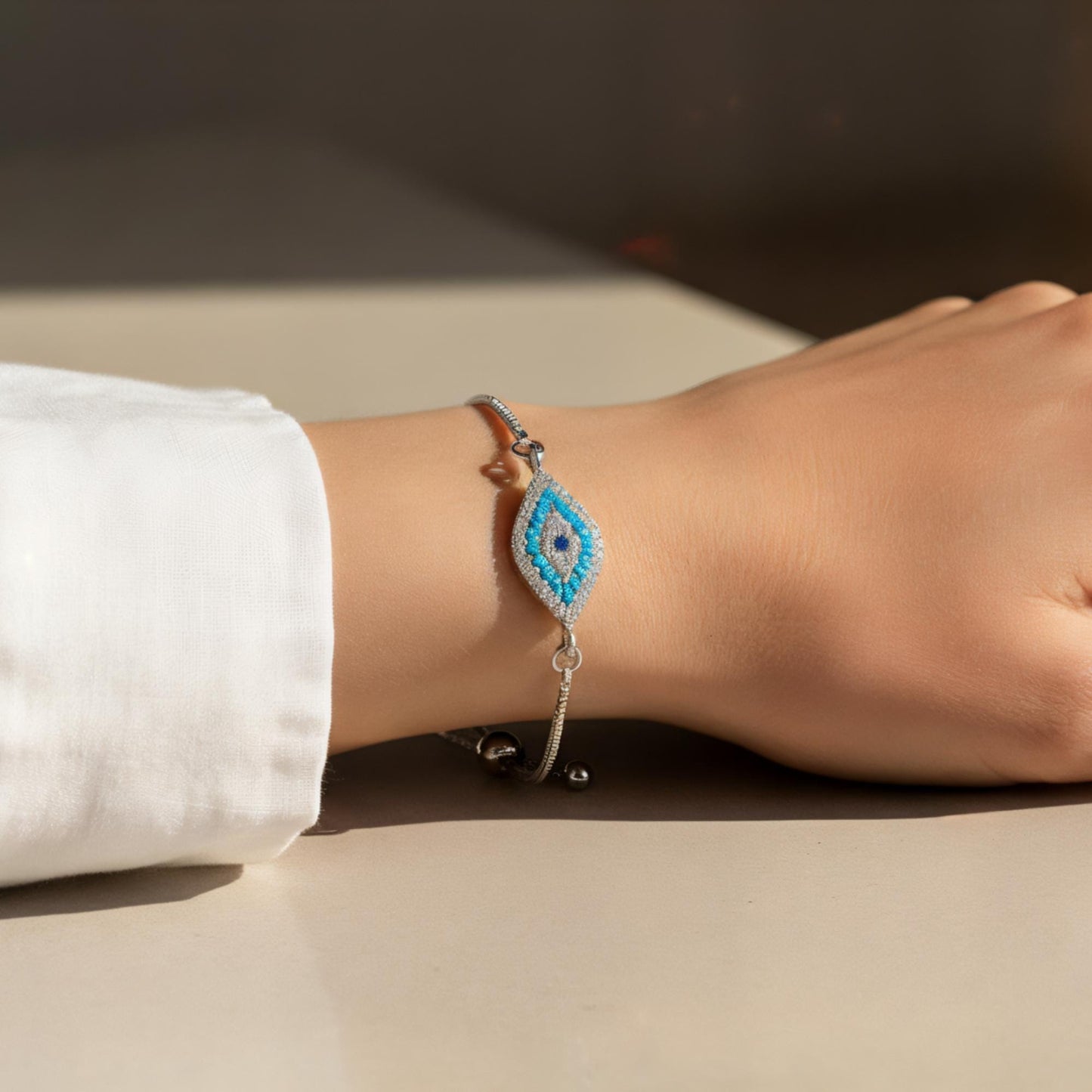 Marquise Evil Eye Adjustable Bracelet – Silver Slider Bracelet – Protection Jewelry