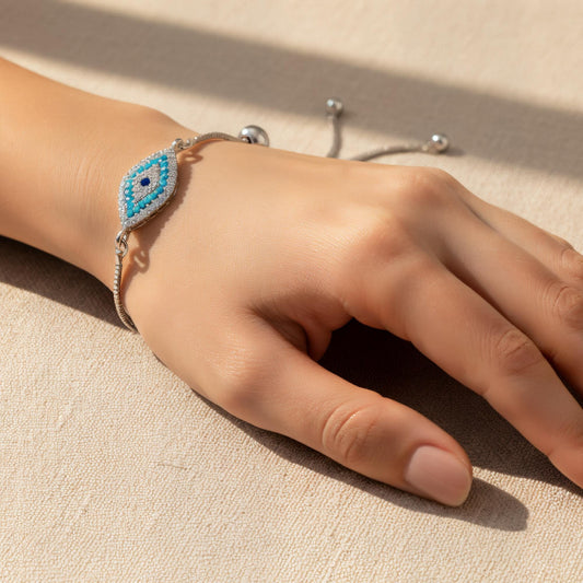 Marquise Evil Eye Adjustable Bracelet – Silver Slider Bracelet – Protection Jewelry
