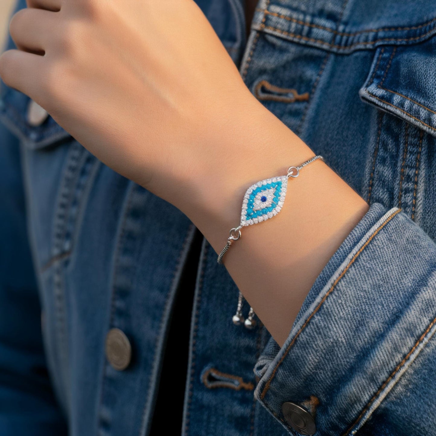 Marquise Evil Eye Adjustable Bracelet – Silver Slider Bracelet – Protection Jewelry