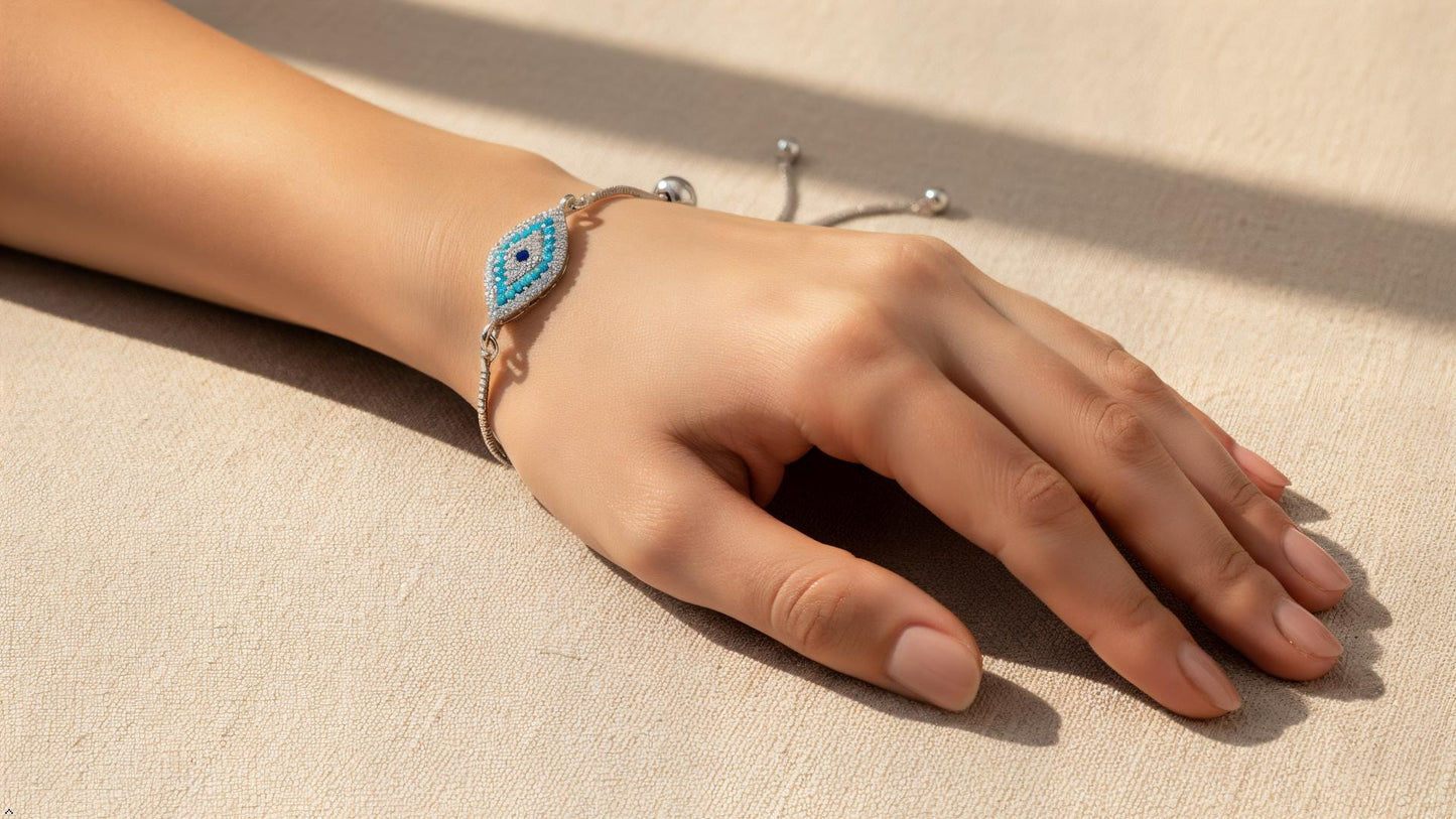 Marquise Evil Eye Adjustable Bracelet – Silver Slider Bracelet – Protection Jewelry