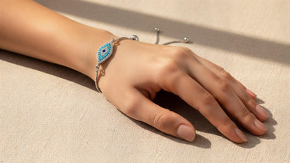 Marquise Evil Eye Adjustable Bracelet – Silver Slider Bracelet – Protection Jewelry