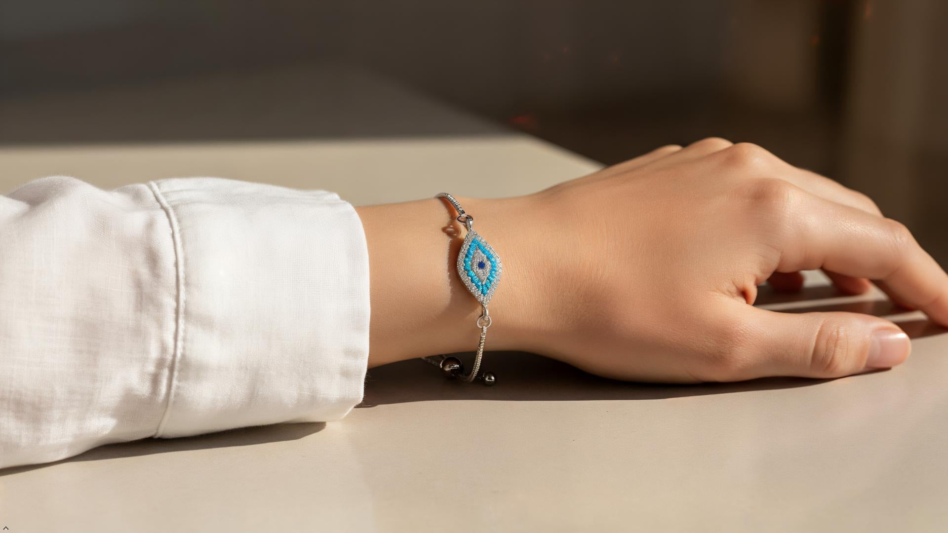 Marquise Evil Eye Adjustable Bracelet – Silver Slider Bracelet – Protection Jewelry