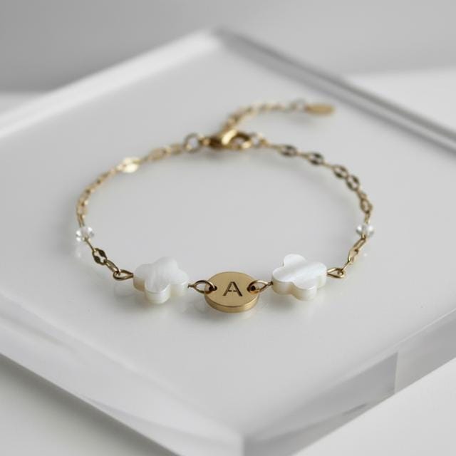Mother of Pearl Clover Initial Bracelet, Gold Plated Stainless Steel