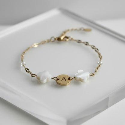 Mother of Pearl Clover Initial Bracelet, Gold Plated Stainless Steel
