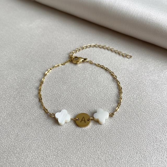 Mother of Pearl Clover Initial Bracelet, Gold Plated Stainless Steel