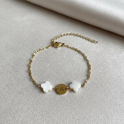 Mother of Pearl Clover Initial Bracelet, Gold Plated Stainless Steel