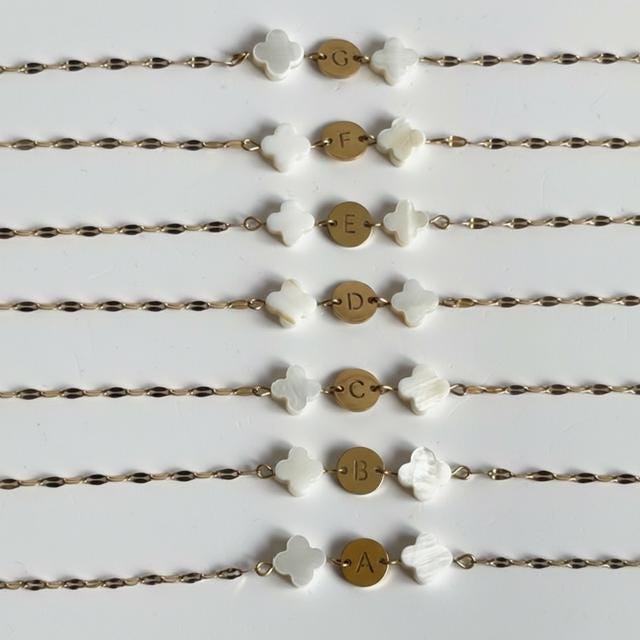 Mother of Pearl Clover Initial Bracelet, Gold Plated Stainless Steel