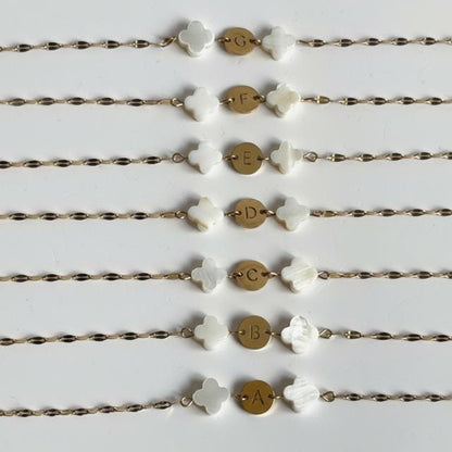Mother of Pearl Clover Initial Bracelet, Gold Plated Stainless Steel