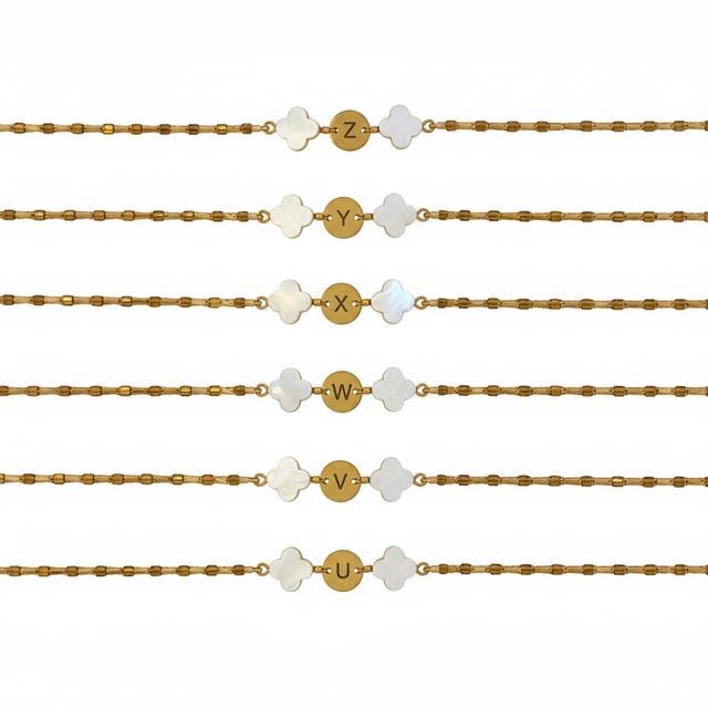 Mother of Pearl Clover Initial Bracelet, Gold Plated Stainless Steel