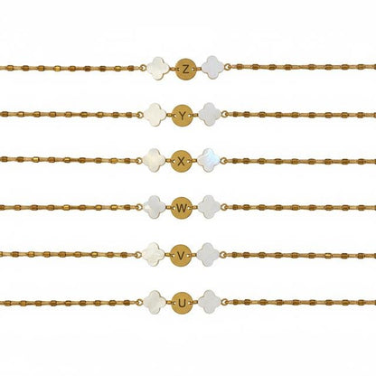 Mother of Pearl Clover Initial Bracelet, Gold Plated Stainless Steel