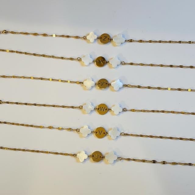 Mother of Pearl Clover Initial Bracelet, Gold Plated Stainless Steel
