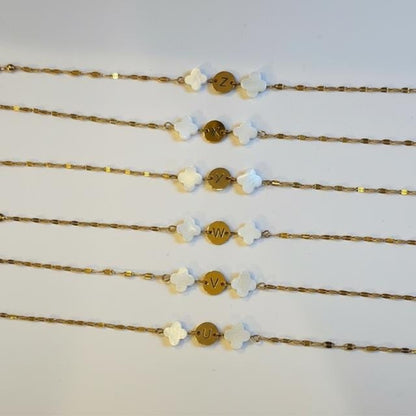 Mother of Pearl Clover Initial Bracelet, Gold Plated Stainless Steel