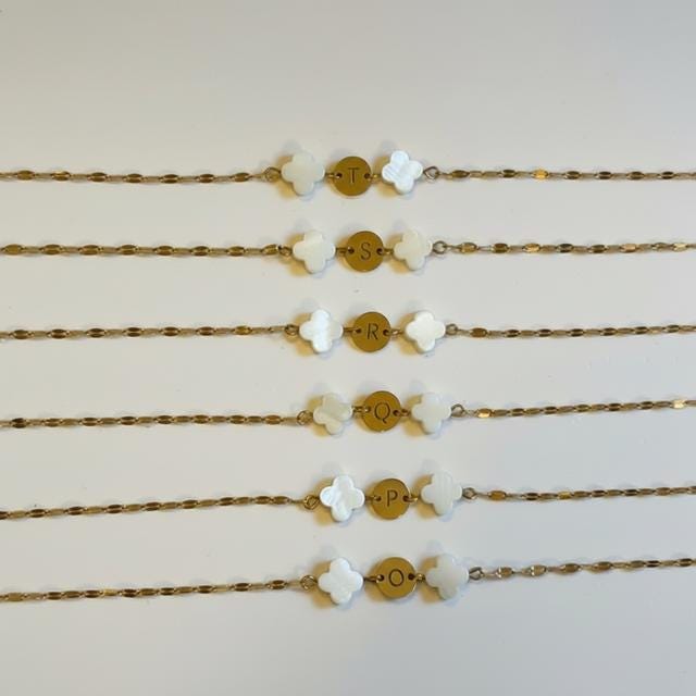 Mother of Pearl Clover Initial Bracelet, Gold Plated Stainless Steel