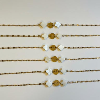 Mother of Pearl Clover Initial Bracelet, Gold Plated Stainless Steel