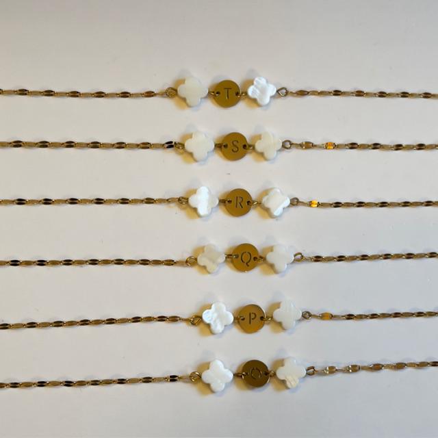 Mother of Pearl Clover Initial Bracelet, Gold Plated Stainless Steel