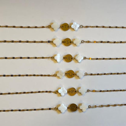 Mother of Pearl Clover Initial Bracelet, Gold Plated Stainless Steel