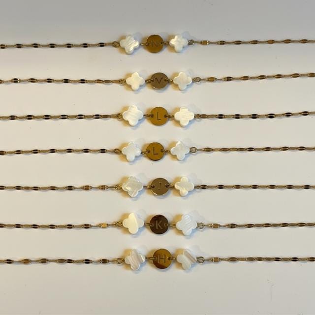 Mother of Pearl Clover Initial Bracelet, Gold Plated Stainless Steel