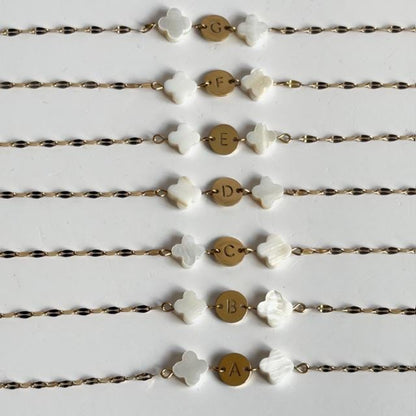 Mother of Pearl Clover Initial Bracelet, Gold Plated Stainless Steel