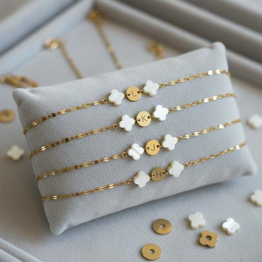 Mother of Pearl Clover Initial Bracelet, Gold Plated Stainless Steel