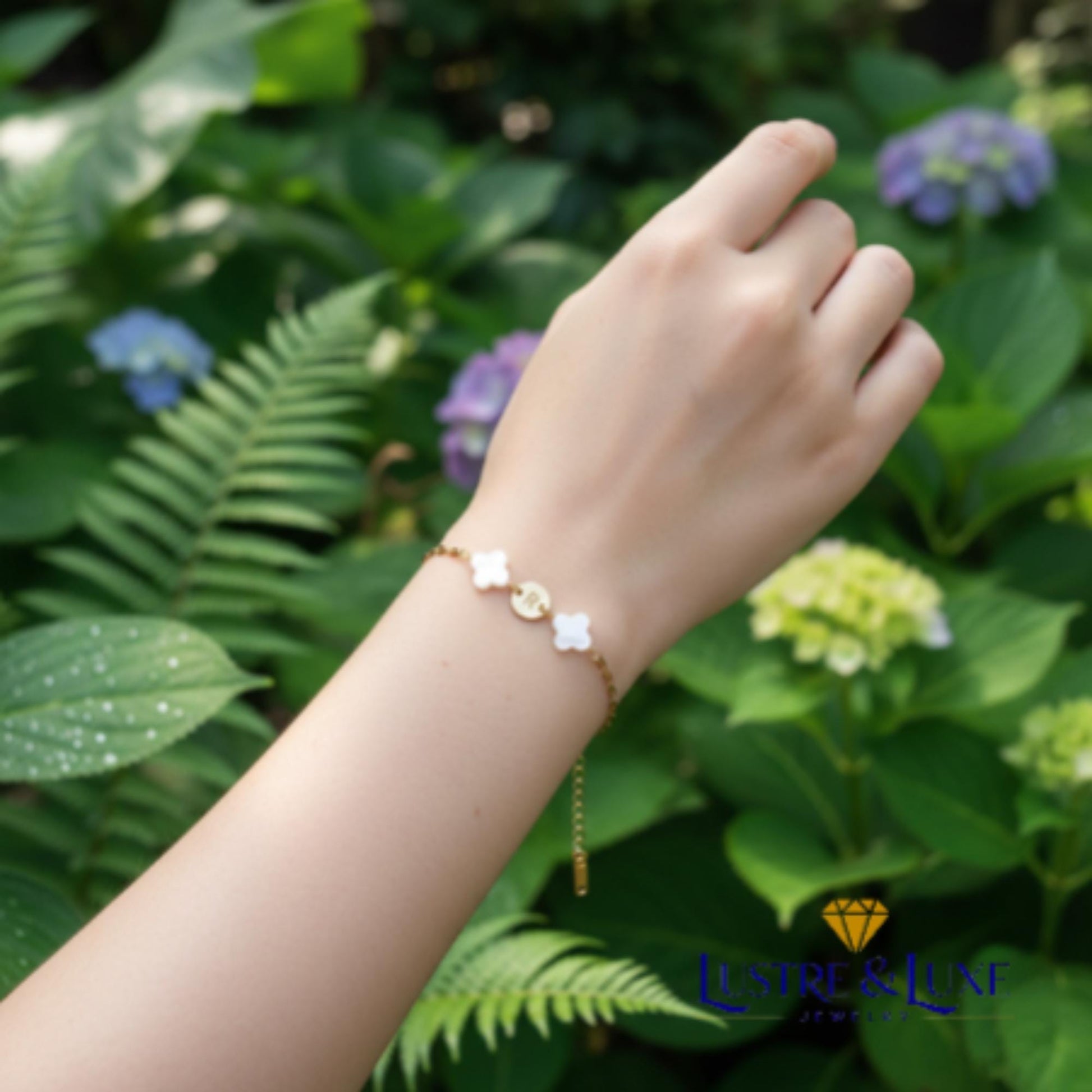Mother of Pearl Clover Initial Bracelet, Gold Plated Stainless Steel