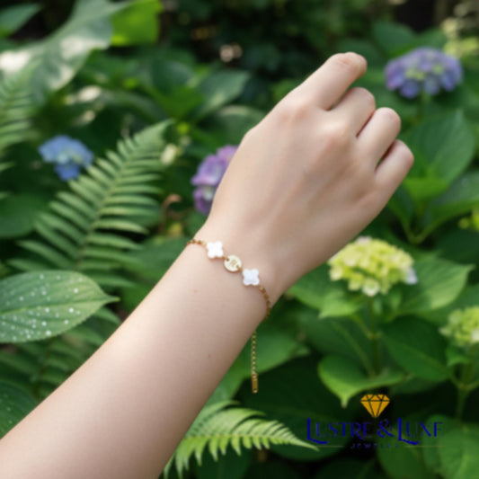 Mother of Pearl Clover Initial Bracelet, Gold Plated Stainless Steel